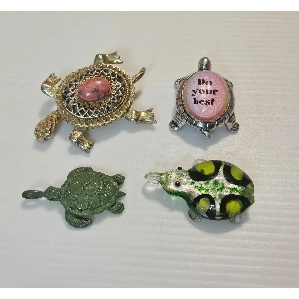 Vintage Turtle Figurines Lot – Metal, Resin & Acrylic Turtles – Small Set